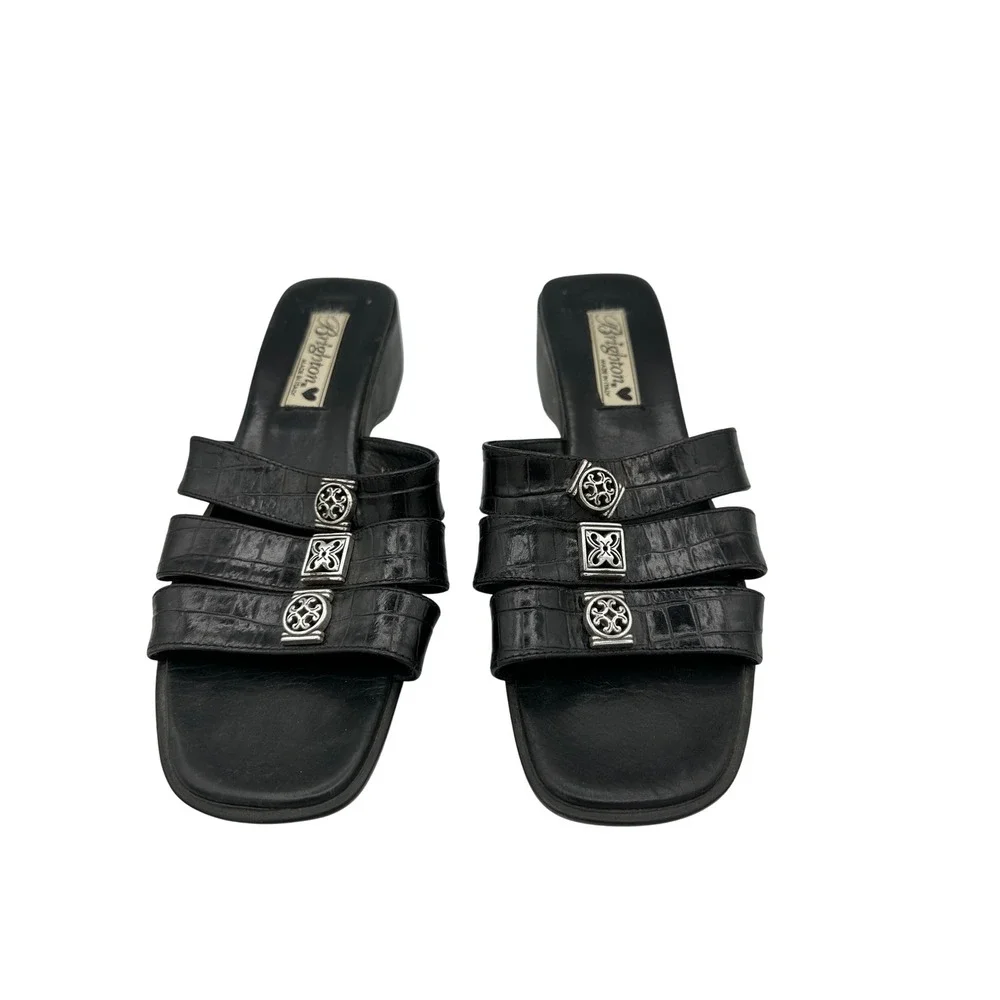 Brighton Sandals Size 8.5M Black Leather Crocodile Embossed Silver Accents Italy